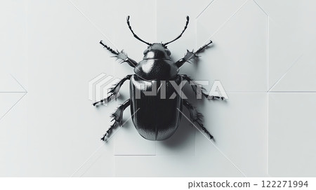 A close-up view of a black beetle on a minimalistic white background with geometric shapes A close-up view of a black beetle on a minimalistic white background with geometric shapes 122271994