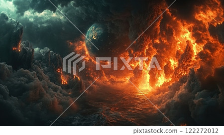 A dramatic depiction of Earth engulfed in dark clouds and flames, powerful apocalyptic scene. 122272012