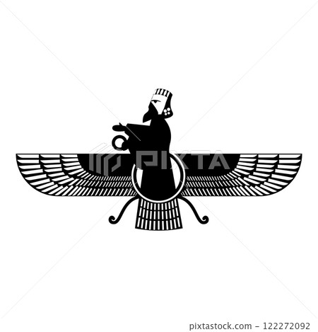 Zoroastrism religion Faravahar Zorostrian symbol Parsi icon black color vector illustration image flat style 122272092