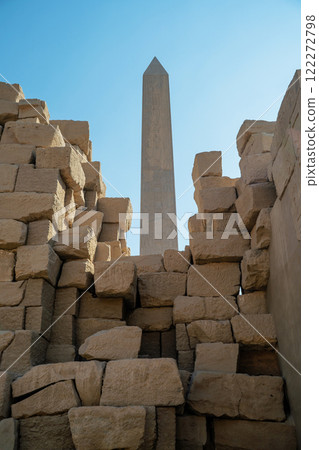 Ancient Egyptian abelisk among destroyed stone blocks Ancient Egyptian abelisk among destroyed stone blocks 122272798