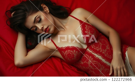 Woman in lingerie lying on a red sofa Woman in lingerie lying on a red sofa 122272966