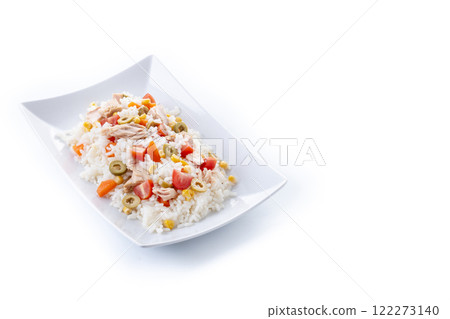 Rice salad with tomato, corn,olives and tuna isolated on white background 122273140