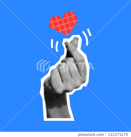 Hand Korean finger heart gesture halftone illustration. 122273270