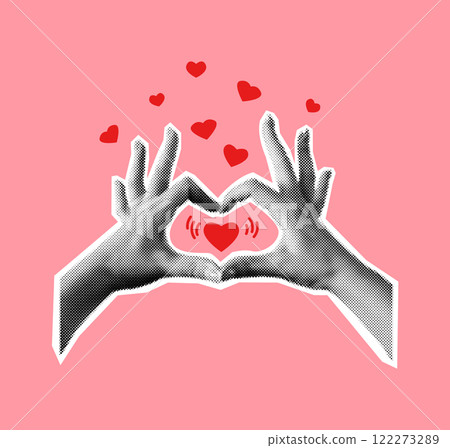 Halftone hands making heart symbol collage illustration 122273289
