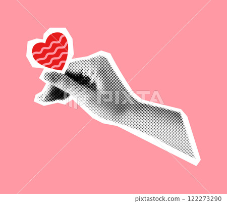 Halftone hand holding red heart collage vector illustration 122273290