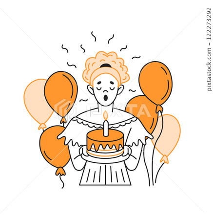 Woman blowing candle on birthday cake color linear icon Woman blowing candle on birthday cake color linear icon 122273292