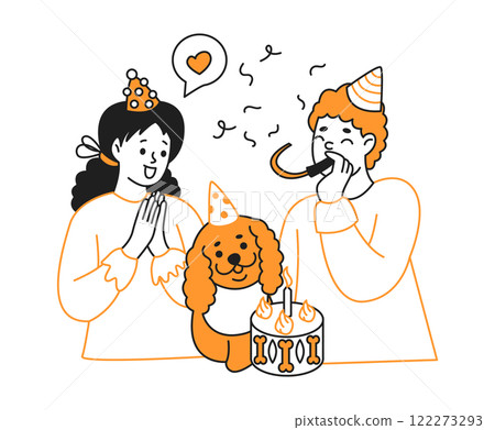 Young couple celebrating dog birthday color linear icon Young couple celebrating dog birthday color linear icon 122273293