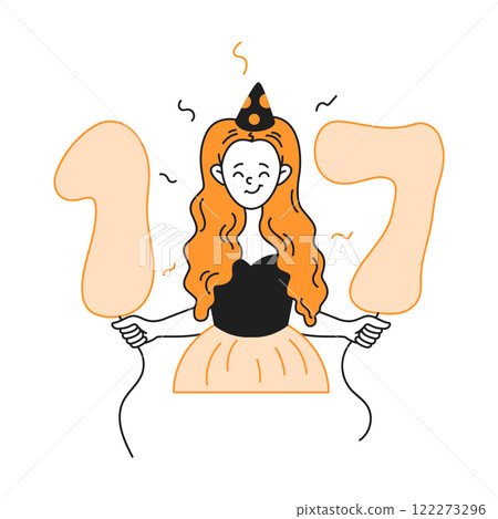 Happy teenage birthday girl holding seventeen number icon Happy teenage birthday girl holding seventeen number icon 122273296