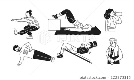 Sportive people perform fitness exercises linear icons 122273315