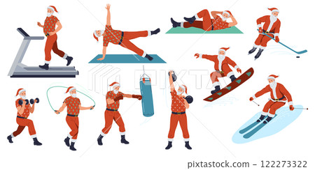 Santa Clauses training actively flat color vector icon set 122273322