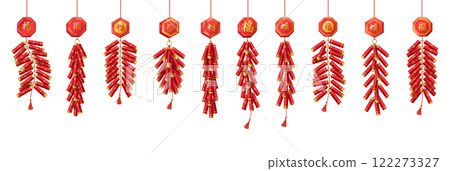 Chinese holiday firecrackers with pendants color icons Chinese holiday firecrackers with pendants color icons 122273327