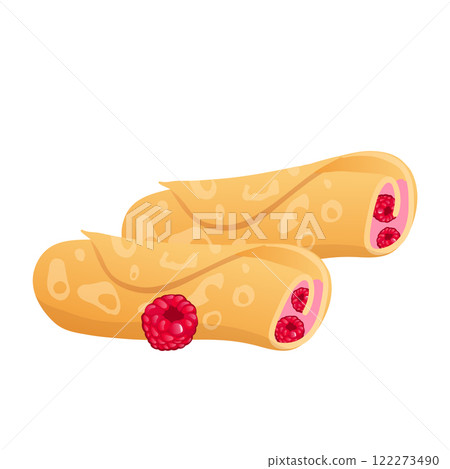 Pancakes with raspberry cheese in flat design. Morning rolls with berries. Vector illustration isolated. 122273490