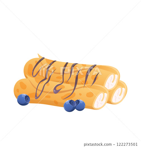 Pancakes with cottage cheese in flat design. Morning rolls with blueberry. Vector illustration isolated. Pancakes with cottage cheese in flat design. Morning rolls with blueberry. Vector illustration isolated. 122273501