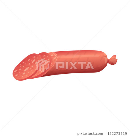 Salami with slices in flat design. Deli sausage with pieces, butcher product. Vector illustration isolated. 122273519