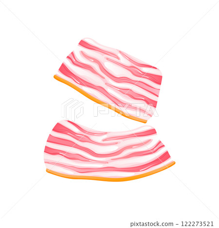 Raw bacon slices in flat design. Butcher product of pork meat and fat. Vector illustration isolated. 122273521
