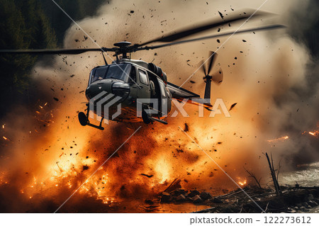 Action shot with helicopter hovering in the air over flame and explosions. Dynamic scene in action movie blockbuster style. Generated AI 122273612