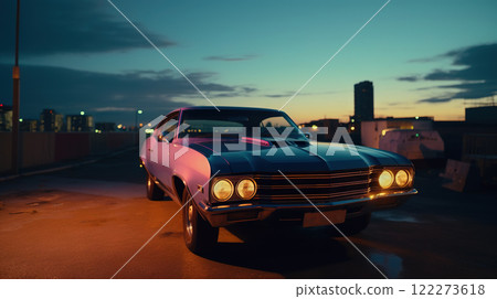 Vintage muscle car parked on the street at night. 80s styled synthwave retro scene with powerful drive in evening. Generated AI. 122273618