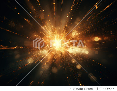 Star flare with yellow rays and beams on dark background. Generated AI. Star flare with yellow rays and beams on dark background. Generated AI. 122273627