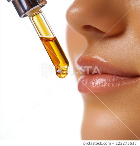 Skincare beauty concept with facial oil dropper and close-up of woman's lips Skincare beauty concept with facial oil dropper and close-up of woman's lips 122273635