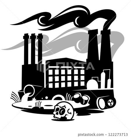 air pollution concept, factory with polluting CO2 cloud smoke isolated on white co2 dioxide emission production from factory symbol, air quality damage, flat vector illustration 122273713