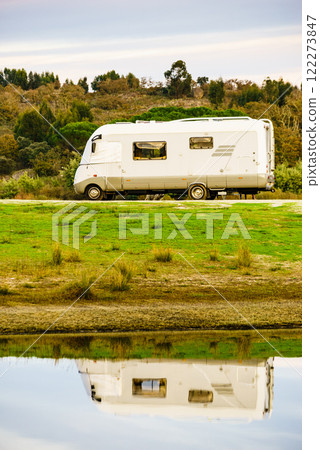 Camper rv camping at lake shore. Alentejo Portugal. 122273847