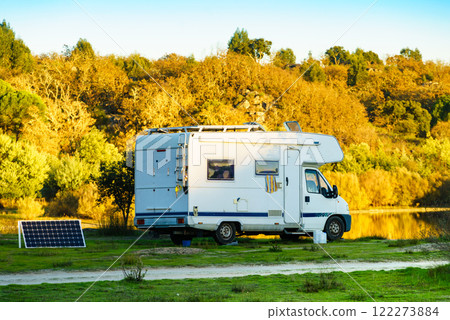 Rv caravan on nature. Autumn time. 122273884