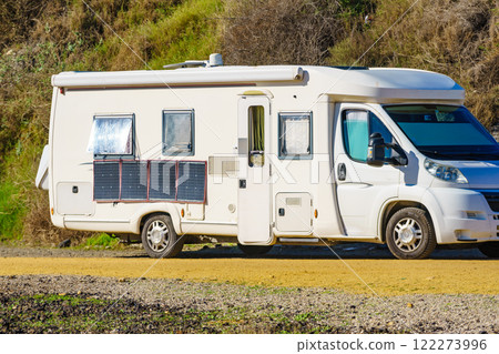 Solar photovoltaic panel at caravan 122273996