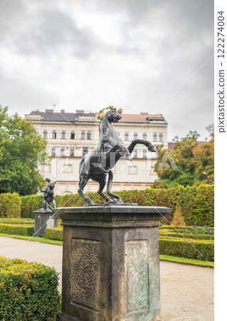 Prague, Czech Republic - September 14, 2022: Beautifully designed Wallenstein Garden with art statue in front of Wallenstein Palace (Valdstejnska Zahrada). Currently the home of the Czech Senate. Prague, Czech Republic - September 14, 2022: Beautifully designed Wallenstein Garden with art statue in front of Wallenstein Palace (Valdstejnska Zahrada). Currently the home of the Czech Senate. 122274004