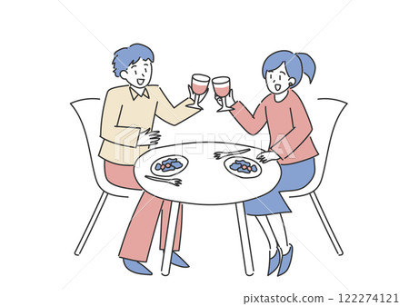 Illustration of men and women toasting at a table 122274121