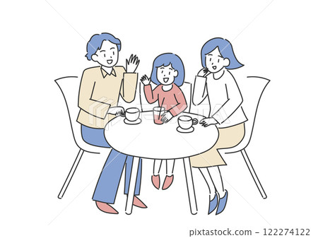 Illustration of a family chatting at a table 122274122