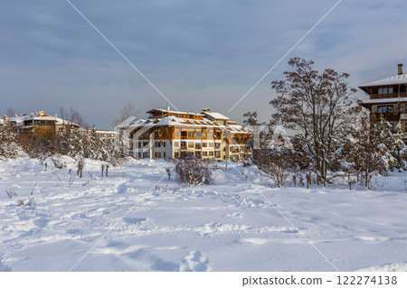 Bansko, Bulgaria winter street view and mountains 122274138