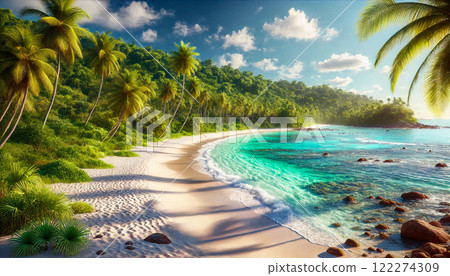 Paradise tropical beach | Relaxing view of blue sea and white sand Paradise tropical beach | Relaxing view of blue sea and white sand 122274309