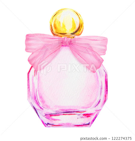 Watercolor illustration of a pink perfume bottle with a golden cap and a pink ribbon, elegant and feminine. Perfect for beauty branding, cosmetics advertisements, wedding designs, or romantic themes Watercolor illustration of a pink perfume bottle with a golden cap and a pink ribbon, elegant and feminine. Perfect for beauty branding, cosmetics advertisements, wedding designs, or romantic themes 122274375