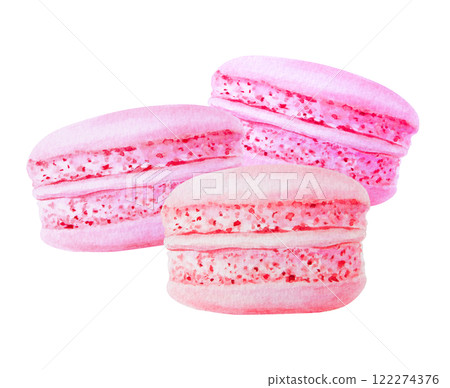 Pink watercolor illustration of three pink macarons, detailed and appetizing stacked together, perfect for brunch, bakery branding, Valentine's Day, Mother's Day, bachelorette party or holiday Pink watercolor illustration of three pink macarons, detailed and appetizing stacked together, perfect for brunch, bakery branding, Valentine's Day, Mother's Day, bachelorette party or holiday 122274376