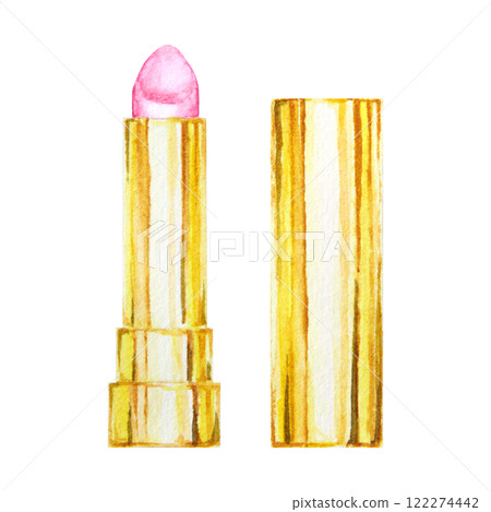 Watercolor illustration of a pink lipstick in a golden case. Perfect for beauty branding, luxury packaging, bridal themes, Valentine's Day, Mother's Day, or bachelorette parties. 122274442
