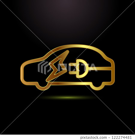 Electric car icon design illustration. Car charging station sign symbol in gold color style Electric car icon design illustration. Car charging station sign symbol in gold color style 122274481