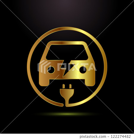 Electric car icon design illustration. Car charging station sign symbol in gold color style 122274482