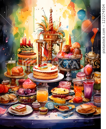 A vibrant, festive table laden with a variety of colorful desserts, pastries, and drinks, adorned with whimsical decorations and bunting 122274504