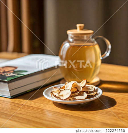 Yacon tea in a glass pot with dried yacon slices on a small plate next to an open book. Warm light Yacon tea in a glass pot with dried yacon slices on a small plate next to an open book. Warm light 122274530