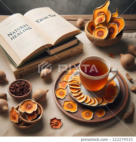 A spread with books about natural healing and yacon tea accompanied by dried yacon slices and other natural elements 122274533
