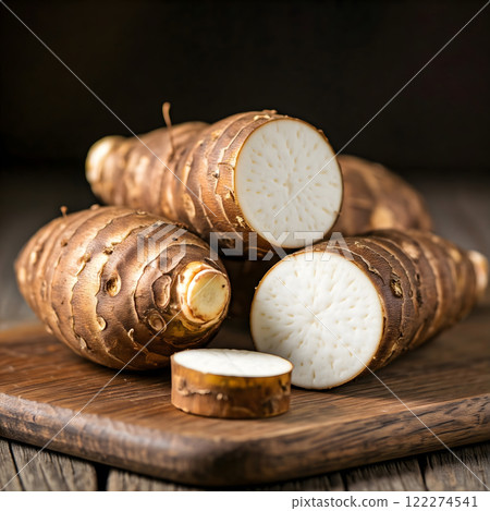 Brown-skinned tubers with white flesh, arranged on a wooden surface, showcasing their texture and cross-sections 122274541