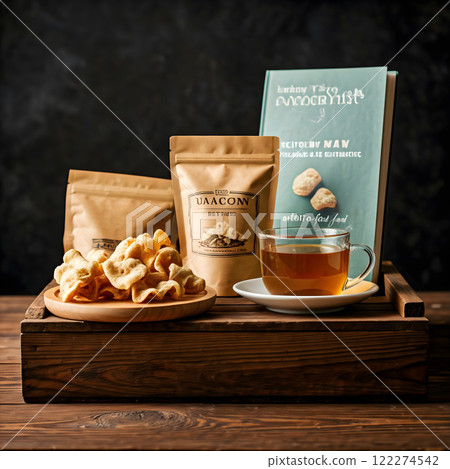 Yacon products tea chips and a book displayed on a wooden box. Dark background and warm lighting 122274542