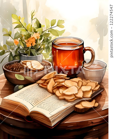 Two cups of tea, ginger slices, an open book, and a plant on a round wooden table Two cups of tea, ginger slices, an open book, and a plant on a round wooden table 122274547
