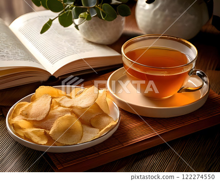 A cup of tea, a bowl of ginger slices, a book, and a plant on a wooden surface 122274550