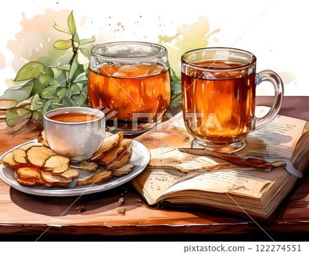 Three cups of tea with ginger slices and an open book on a wooden surface 122274551
