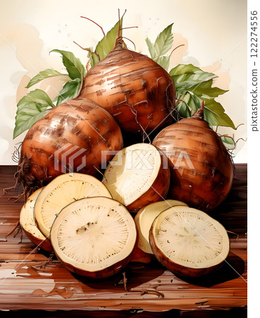 Round brown tubers with green leaves, some sliced to reveal white flesh, on a wooden surface 122274556