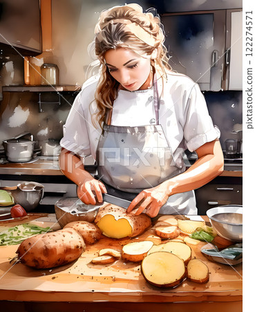A chef in professional attire precisely slices golden potatoes on a wooden cutting board, demonstrating skilled knife technique in a modern kitchen 122274571
