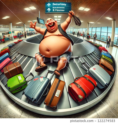 A humorous scene at an airport baggage claim with a large person sitting on the conveyor belt among various suitcases, under a sign pointing to security A humorous scene at an airport baggage claim with a large person sitting on the conveyor belt among various suitcases, under a sign pointing to security 122274583