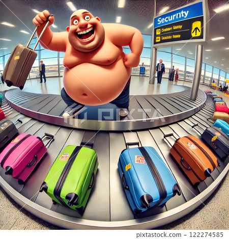A cartoonish figure with a large belly stands on an airport baggage carousel, holding a suitcase, with colorful luggage around A cartoonish figure with a large belly stands on an airport baggage carousel, holding a suitcase, with colorful luggage around 122274585