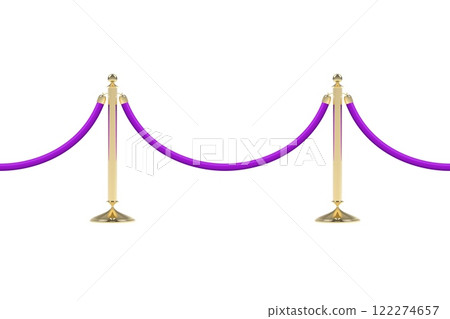 Barriers with purple rope, seamless line. Realistic golden stanchion poles 122274657
